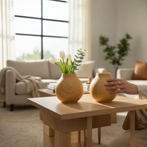 Ashland Ceramic Vase Set Home Decor Tan Faux Wood Grain Round Bulbous Modern